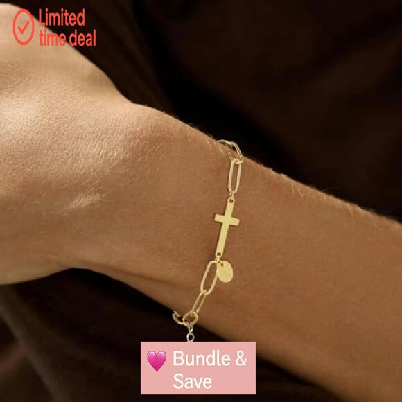 14K Gold-Plated Dainty Initial Cross Bracelet, Adjustable Paperclip Chain - Picture 5 of 8